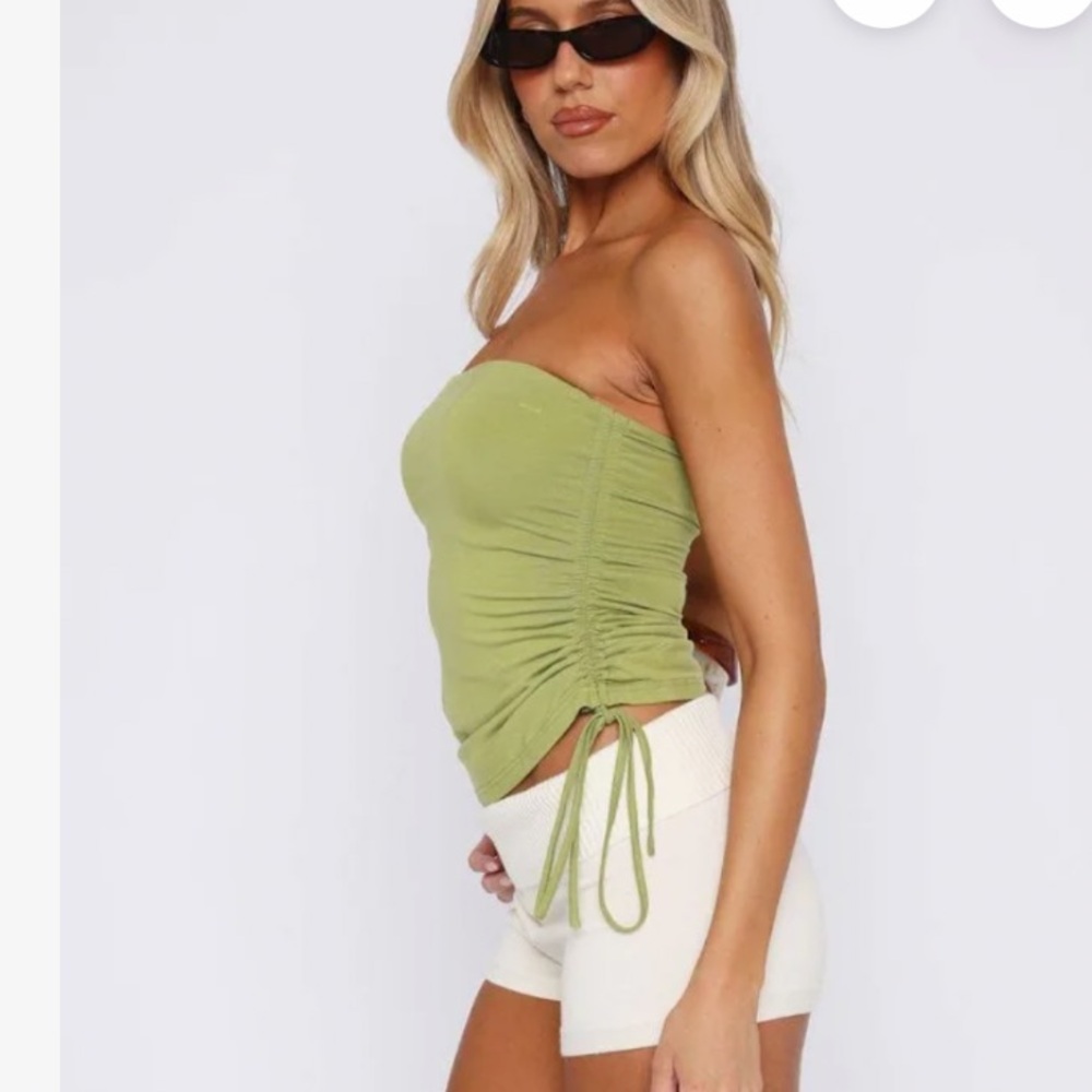 White Fox Boutique Olive Green Ruched Strapless Crop Top